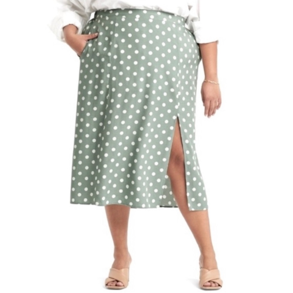 Ava & Viv Sage Green Elastic Waistband Polka Dot Midi Skirt with Flirty Slit